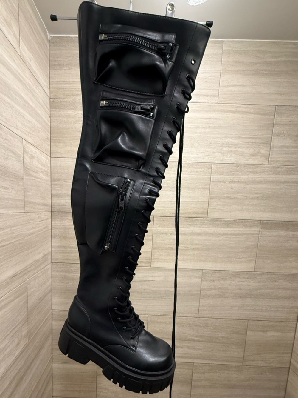 Demonia Black Over-The-Knee Lace-Up Boots with Zippered Utility Pockets
